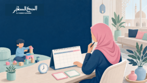وليّة أمر ترتب جدول الأسرة بينما يلعب طفلها للمفاضلة بين الرعاية بالساعة والرعاية الشهرية